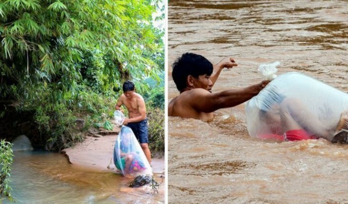 Жажда знаний: детей из вьетнамской деревни переправляют через реку в полиэтиленовых пакетах (10 фото + 1 видео)