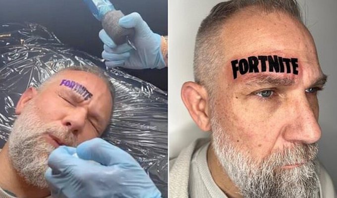 A man got an inscription on his forehead after losing a bet to his tattooist son (5 photos + 1 video)