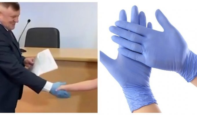 The mayor of the city of Ishim in Russia presented certificates to young families, putting a medical glove on his hand (2 photos + 1 video)