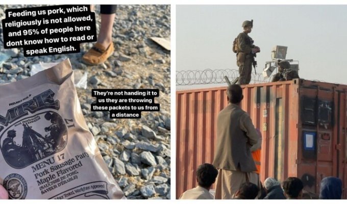 Американские военные раздали сухпайки со свининой афганским беженцам в аэропорту Кабула (4 фото + 1 видео)