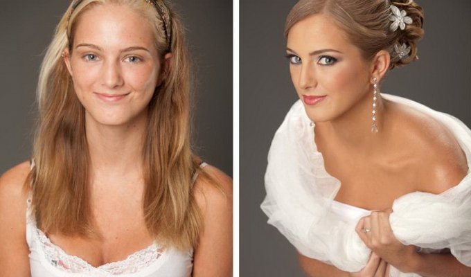Невесты до и после нанесения макияжа (18 фото)