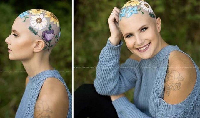Мама украсила лысую голову своей дочери рисованными цветами, чтобы провести необычную фотосессию (8 фото)