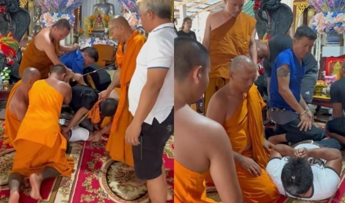 Buddhist monk beat up “possessed” parishioner (4 photos + 1 video)