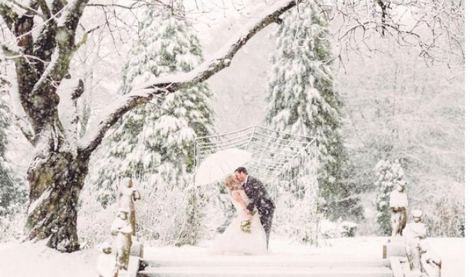 Свадебная фотосессия в зимней сказке, получившаяся благодаря внезапно начавшейся метели (8 фото)