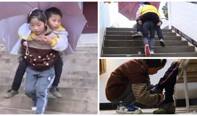 9-летняя китаянка каждый день носит своего брата-инвалида в школу (11 фото + 2 видео)