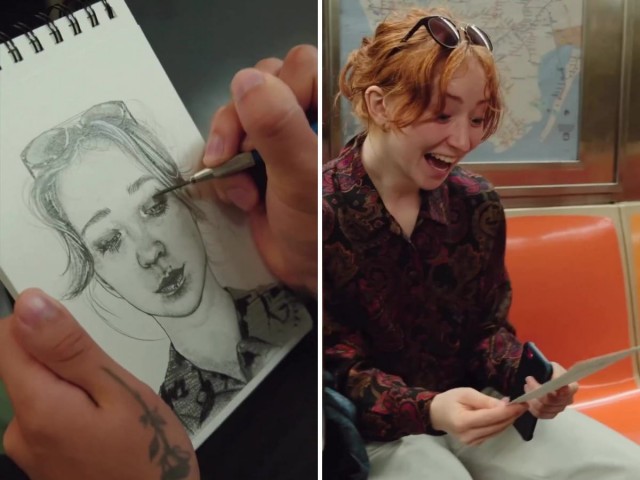 Художник незаметно рисует людей в метро, а затем дарит им портреты (11 фото)