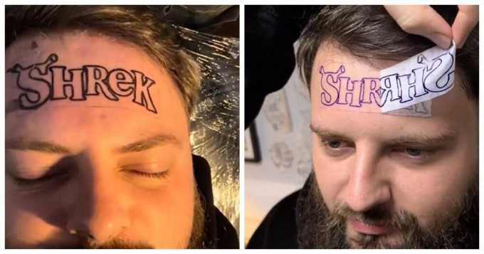 A real movie fan: the guy got a “Shrek” tattoo on his forehead (4 photos + 1 video)