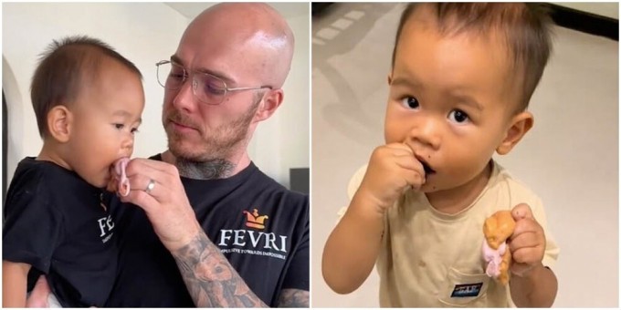 A blogger feeds his one-year-old son raw meat - and even bovine testicles (6 photos + 1 video)